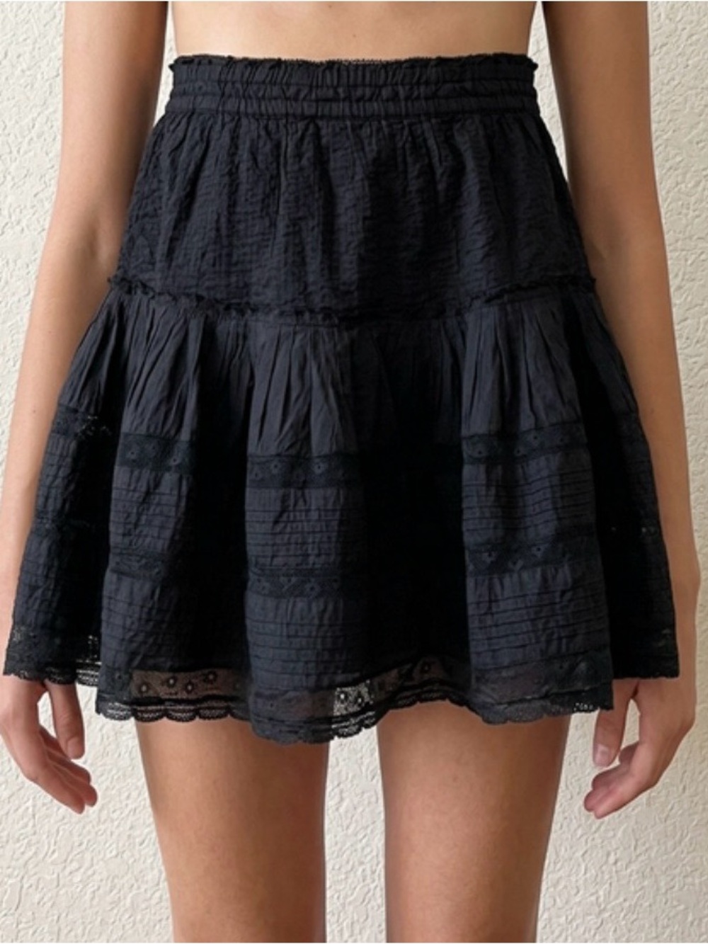 Unsubscribed NWT Black Tiered Lace Trim Mini Skirt Lined Size S MSRP $148
